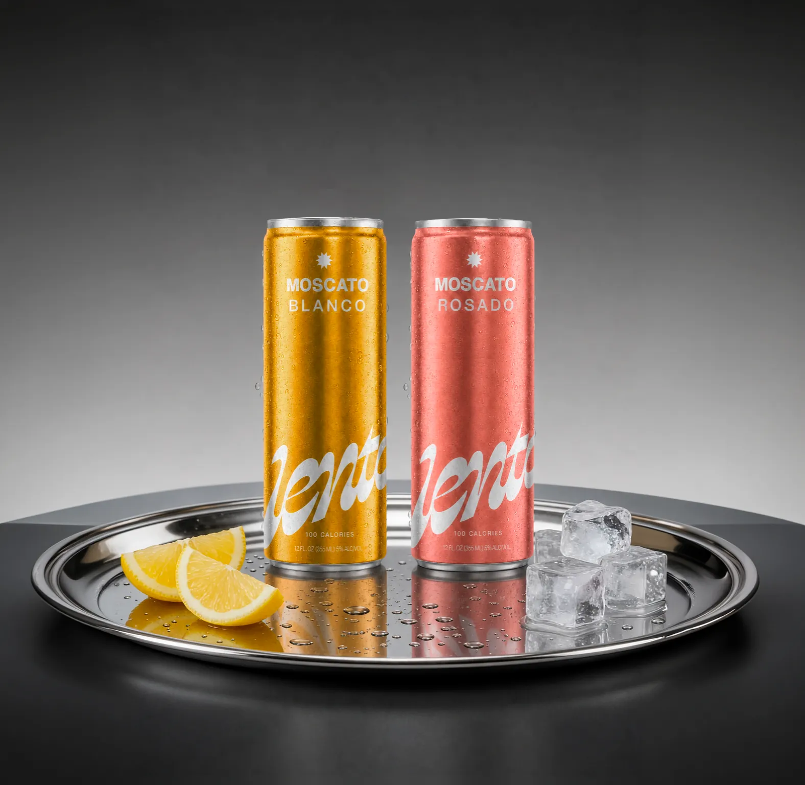 Lento — latas en bandeja, Moscato Blanco y Rosado